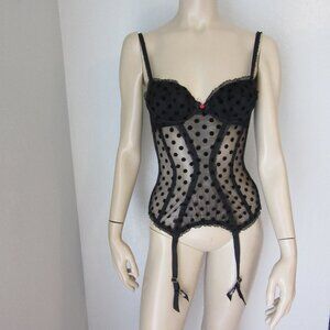 L'Agent Black Sheer Padded Underwire 32B Corset with Garters